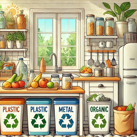 Illustratie van tips om thuis minder afval te produceren, met iconen van herbruikbare producten, recycling symbolen en een groen huishouden.