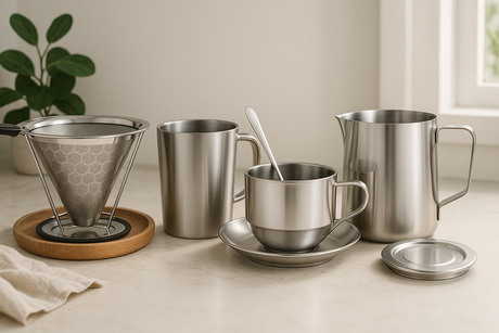 Banner met RVS koffie- en theeproducten: herbruikbare koffiefilter, mok, kop en schotel, thee-infuser en melkopschuimer – duurzame collectie van My Green Deal.