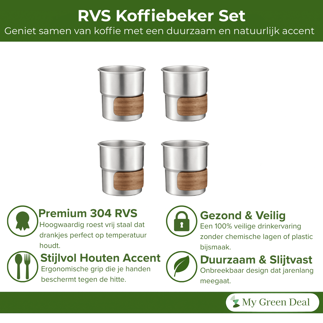 RVS koffiekopjes met hout van 4 Zilver - 280ML - My Green Deal