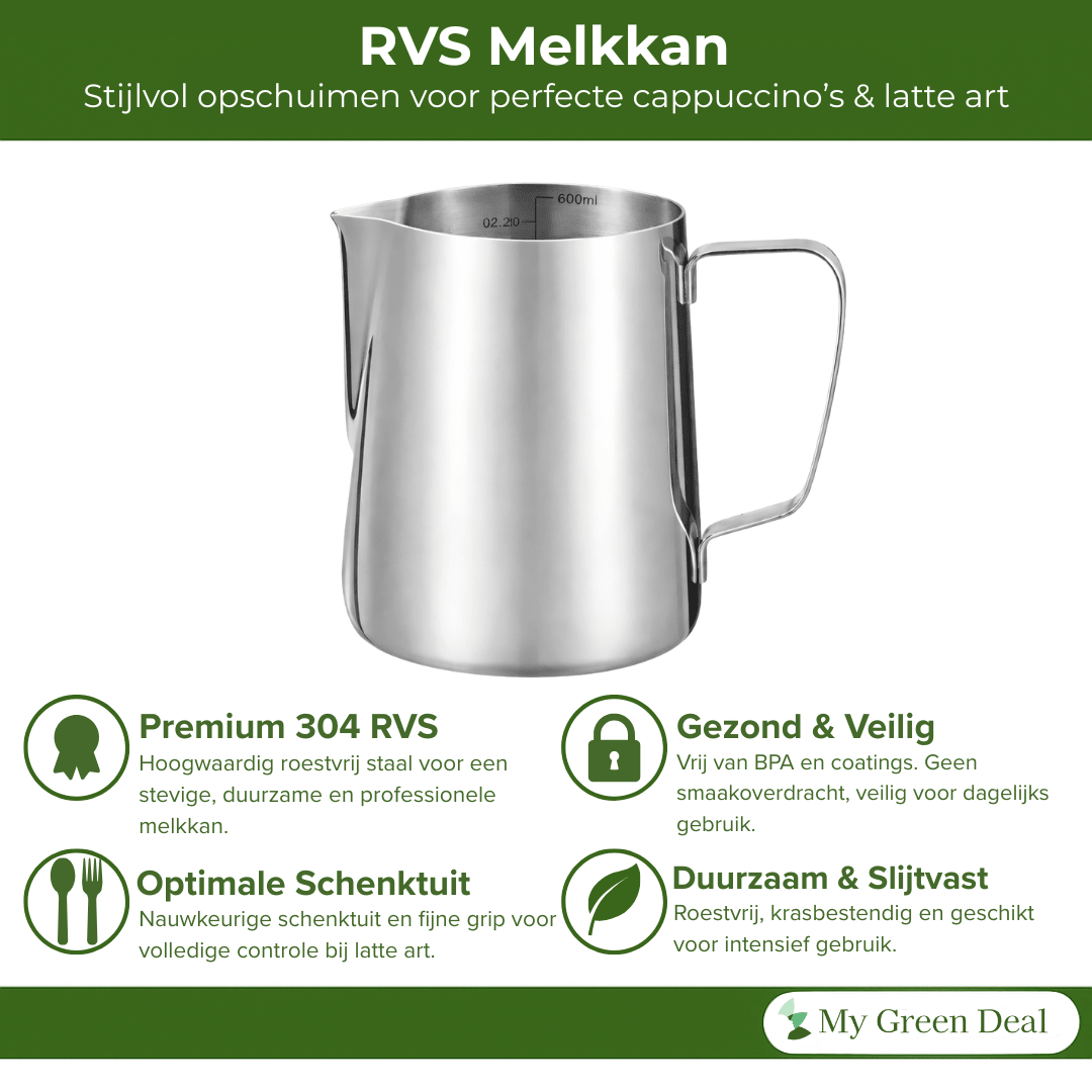 RVS Melkkan Zilver 600ml – Barista Pitcher - My Green Deal