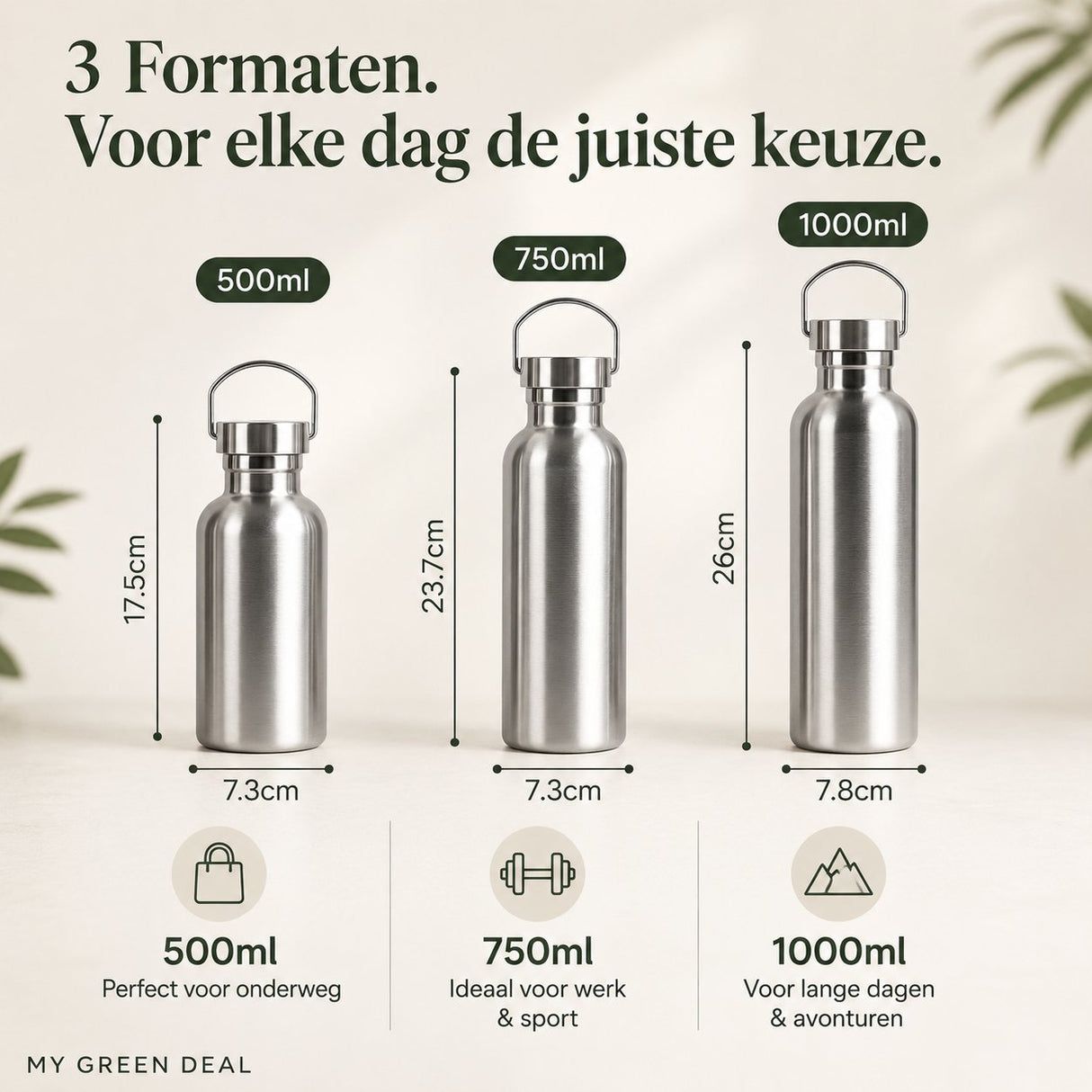 RVS drinkfles enkelwandig 1000ML - My Green Deal