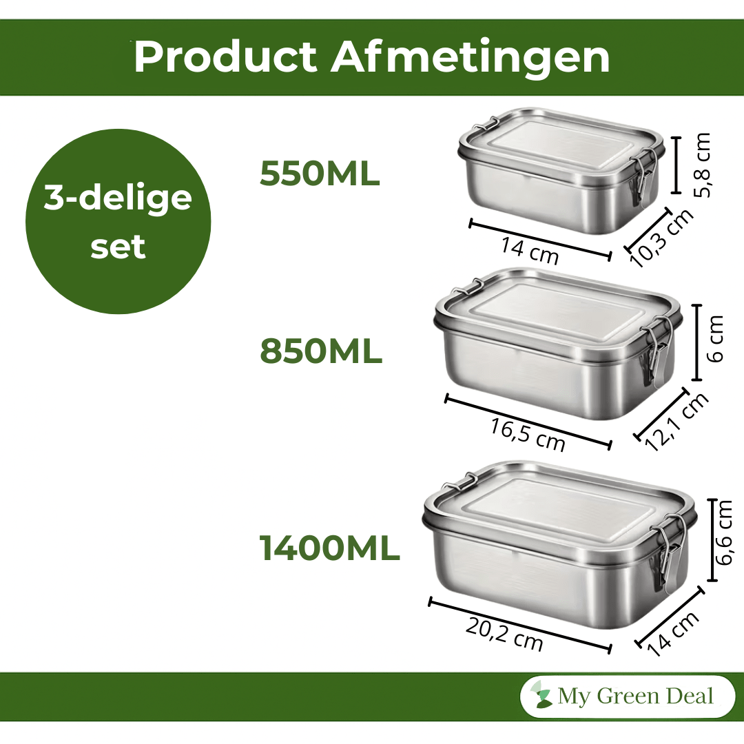 RVS Lunchbox rechthoekig – Set van 3 - My Green Deal