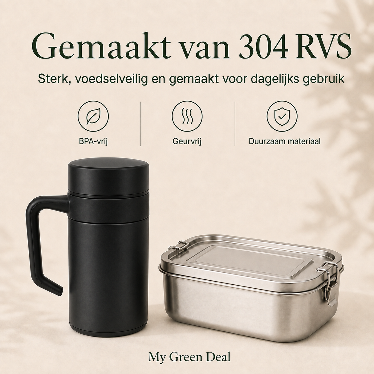 RVS Lunchbox & Koffiebeker To Go Set - Zwart