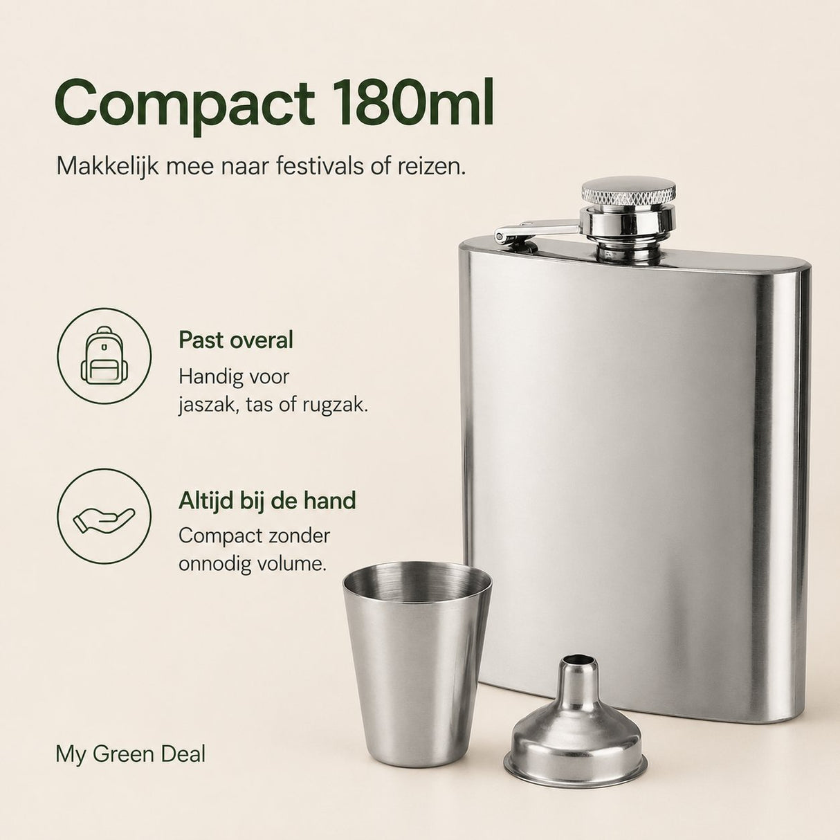RVS Heupfles 180ml met trechter - My Green Deal