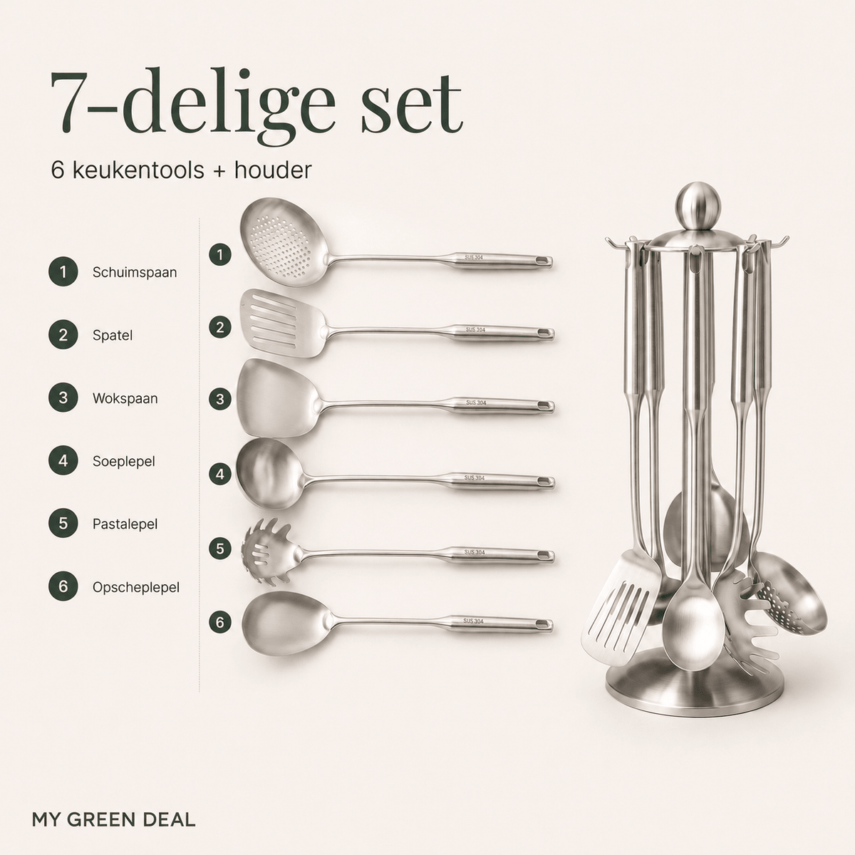 RVS Keukengerei set met houder - My Green Deal