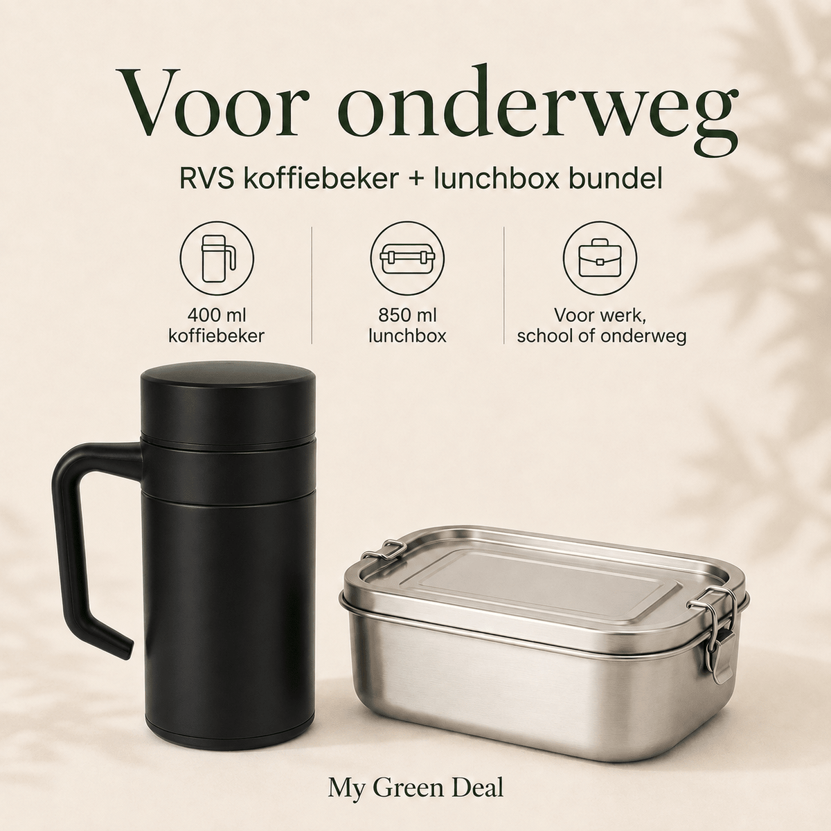 RVS Lunchbox & Koffiebeker To Go Set - Zwart - My Green Deal