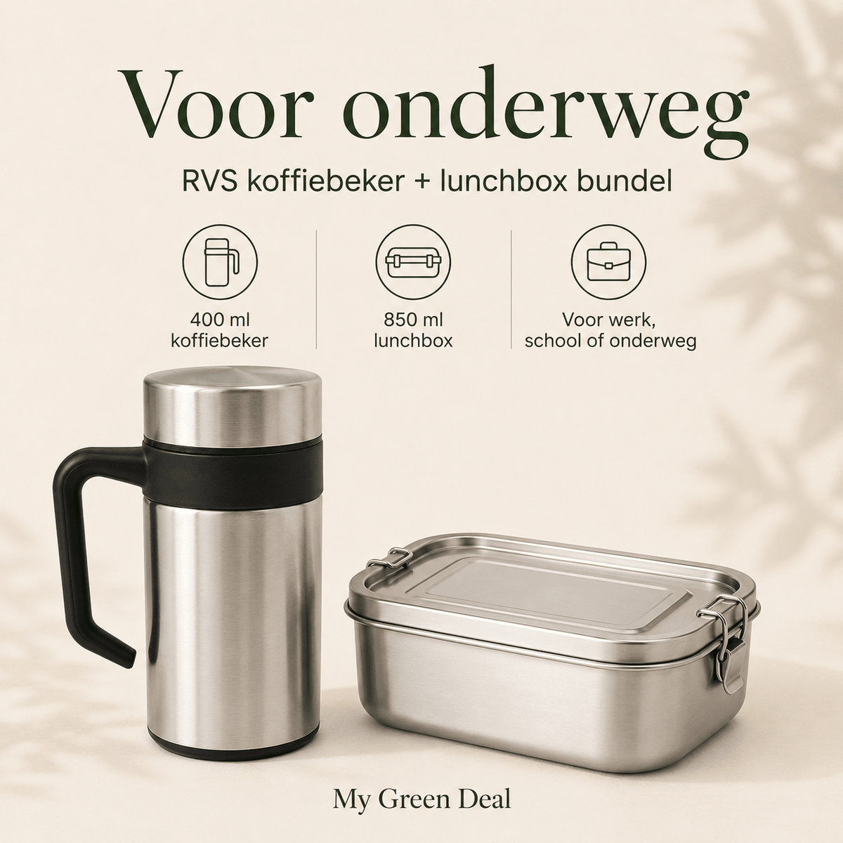 RVS Lunchbox & Koffiebeker To Go Set - Zilver - My Green Deal