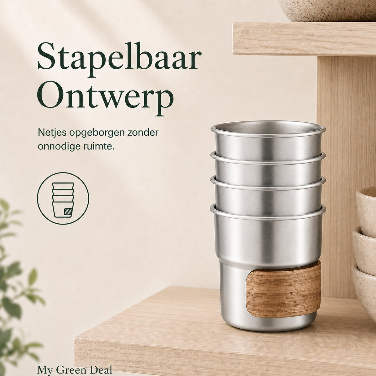 RVS koffiekopjes met hout van 4 Zilver - 280ML - My Green Deal