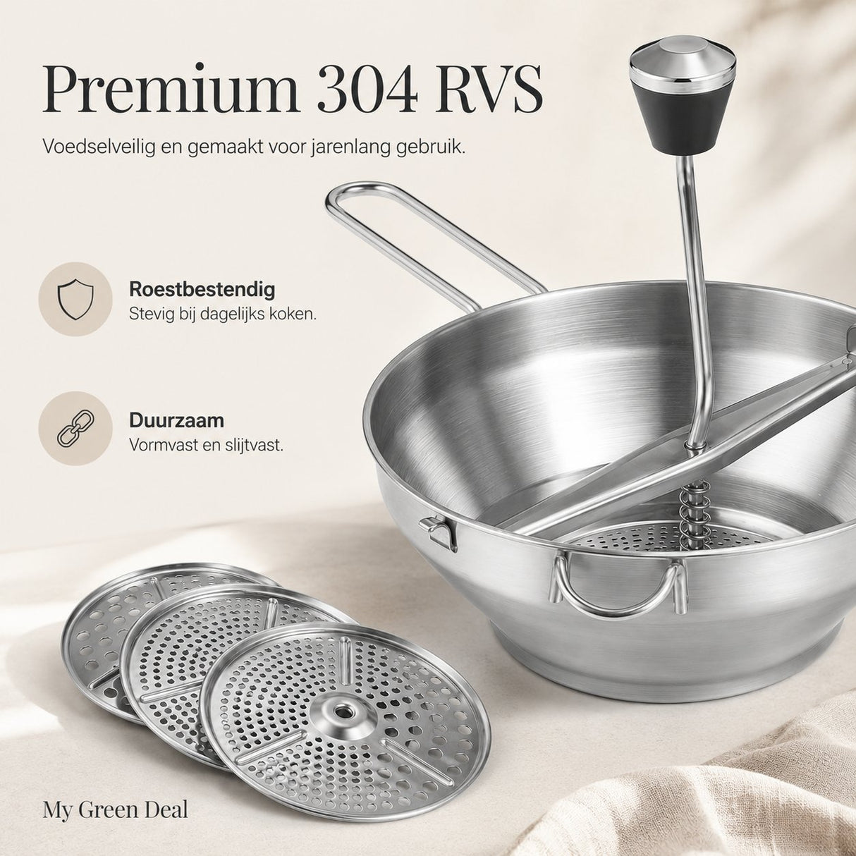 RVS Passeerzeef met 3 Schijven - My Green Deal