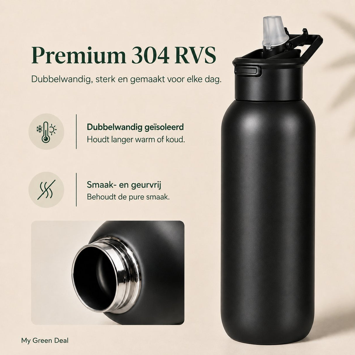 RVS bidon zwart 1000ml - My Green Deal