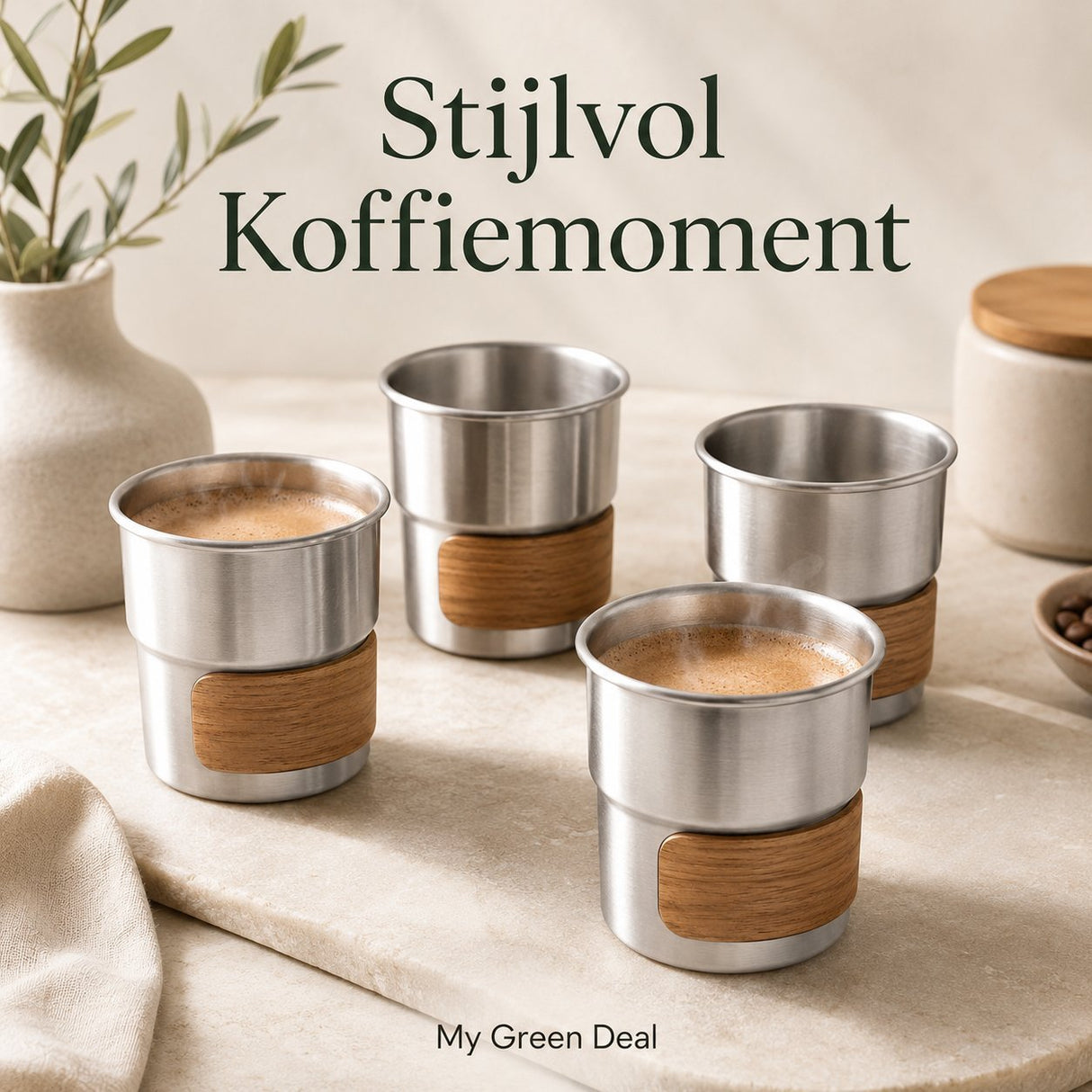RVS koffiekopjes met hout van 4 Zilver - 280ML - My Green Deal