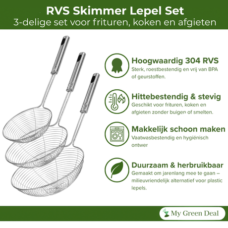 My Green Deal – RVS Skimmer Lepel Set 3-delig – Spinnenzeef / Vergietlepel – Schuimspanen voor Frituren & Koken