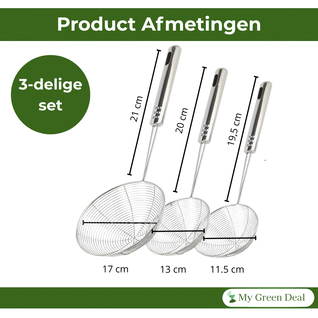 My Green Deal – RVS Skimmer Lepel Set 3-delig – Spinnenzeef / Vergietlepel – Schuimspanen voor Frituren & Koken