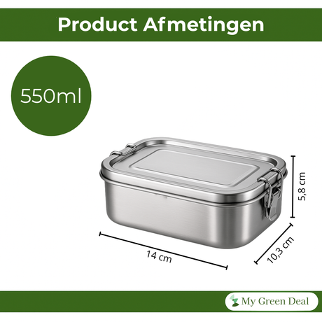 My Green Deal – RVS Lunchbox 550ml – RVS Fruitbakje kinderen & volwassenen – Snackbox, Boterhammentrommel & Meal Prep Bakje – Duurzaam & Lekvrij