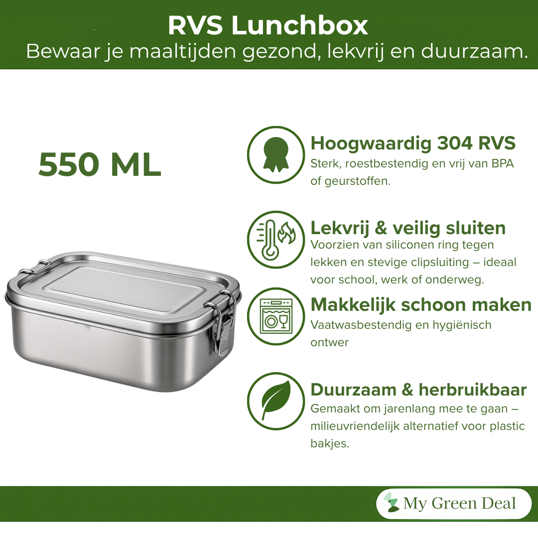 My Green Deal – RVS Lunchbox 550ml – RVS Fruitbakje kinderen & volwassenen – Snackbox, Boterhammentrommel & Meal Prep Bakje – Duurzaam & Lekvrij