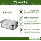 My Green Deal – RVS Lunchbox 550ml – RVS Fruitbakje kinderen & volwassenen – Snackbox, Boterhammentrommel & Meal Prep Bakje – Duurzaam & Lekvrij