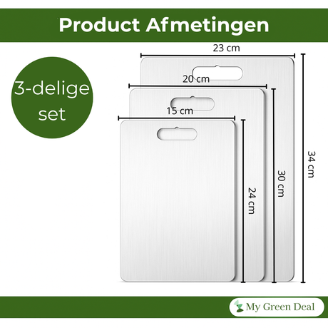 My Green Deal – RVS Snijplanken Set (3-delig) – Hygiënische Roestvrijstalen Keukenplanken – Duurzaam Hakblok – RVS Snijplank Set