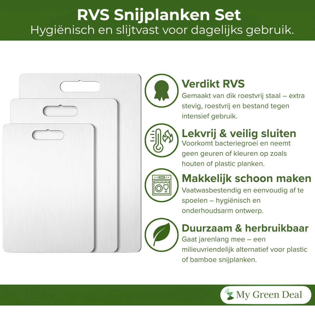 My Green Deal – RVS Snijplanken Set (3-delig) – Hygiënische Roestvrijstalen Keukenplanken – Duurzaam Hakblok – RVS Snijplank Set