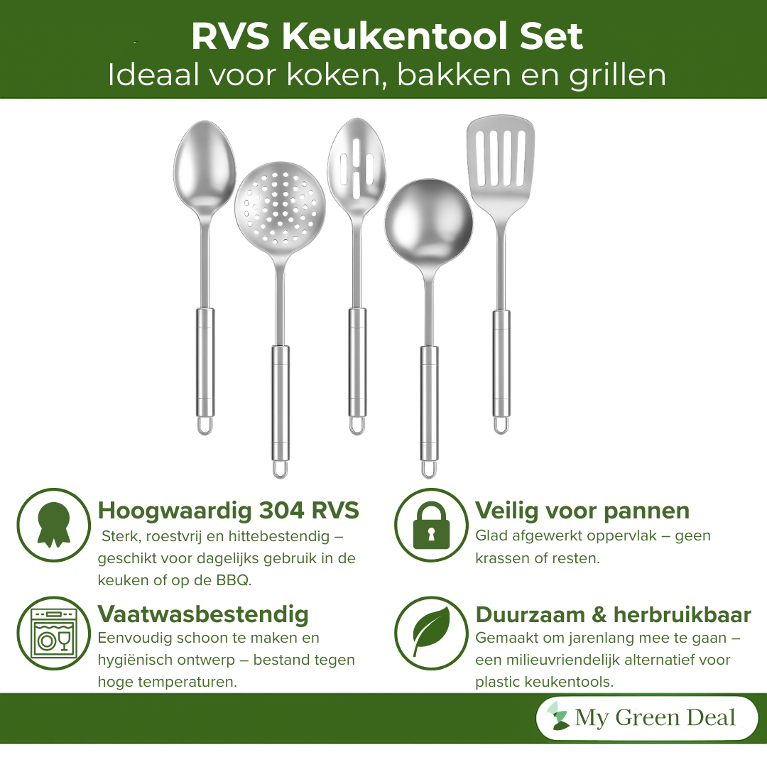 My Green Deal – RVS Keukenhulpen Set 5-delig – Roestvrijstalen Kookgerei – Duurzame Keukenaccessoires voor Koken & Serveren