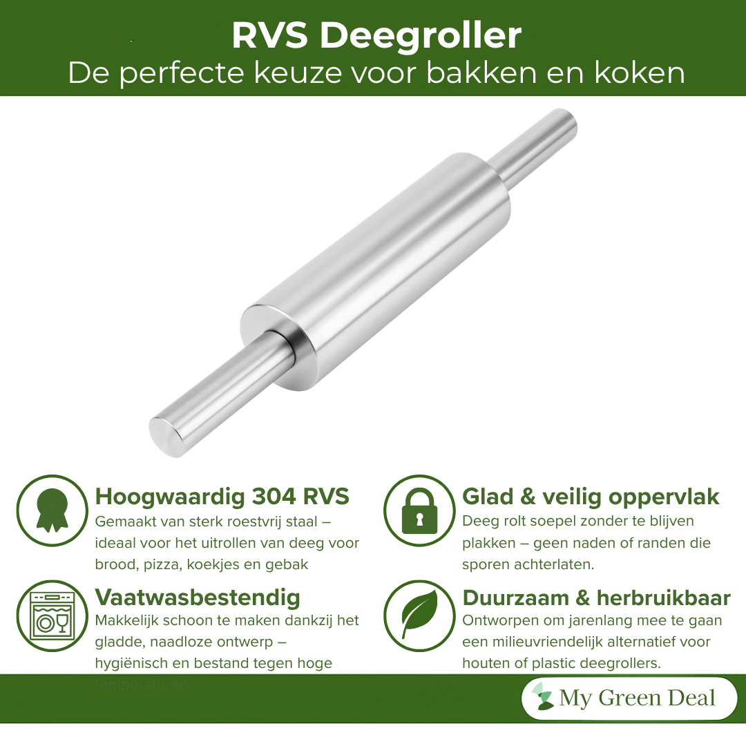 My Green Deal – RVS Deegroller – Roestvrijstalen Bakroller voor Patisserie & Pizza – Duurzame Deegroller voor Brood & Koekjes