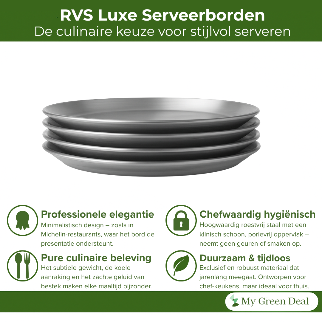 My Green Deal – Luxe RVS Borden Set (4-delig) – Roestvrijstalen Eetborden 28 cm – Duurzaam & Hygiënisch Servies voor Stijlvol Tafelen