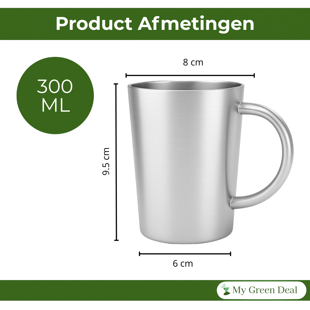My Green Deal – RVS Mok met Handvat – Roestvrijstalen Beker voor Koffie, Thee & Outdoor – Duurzame RVS Koffiemok