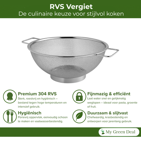 My Green Deal – RVS Vergiet – Roestvrijstalen Keukenzeef met Handgrepen – Duurzaam Vergiet voor Pasta, Groenten & Fruit