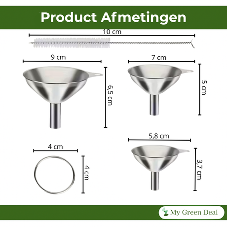 My Green Deal – RVS Trechter Set 3-delig – Roestvrijstalen Trechters met Zeef, Ring & Reinigingsborstel – Duurzaam Keukengerei
