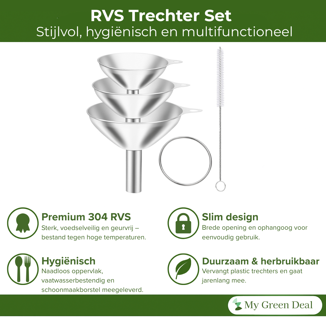My Green Deal – RVS Trechter Set 3-delig – Roestvrijstalen Trechters met Zeef, Ring & Reinigingsborstel – Duurzaam Keukengerei