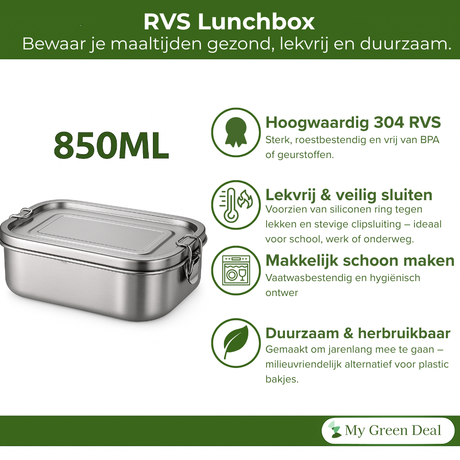 My Green Deal – RVS Lunchbox 850ml – Duurzame Broodtrommel & Snackbox – Fruitbakje Volwassenen & Kinderen – Meal Prep Bakje – Lekvrij & Herbruikbaar