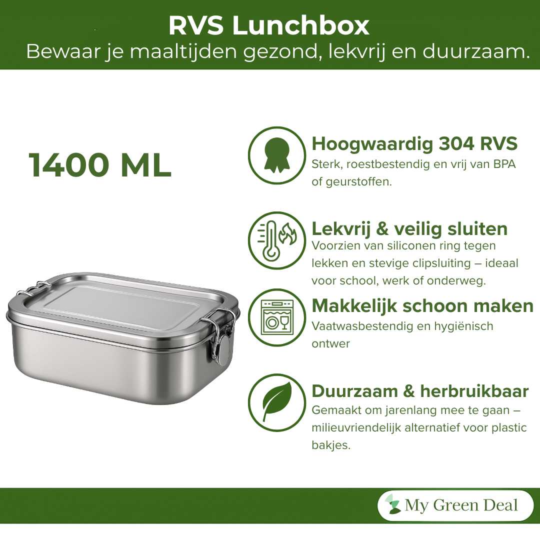 My Green Deal – RVS Lunchbox 1400ml – Extra Grote Broodtrommel & Meal Prep Bak – Duurzame Snackbox & Fruitbakje – Lekvrij, Hygiënisch & Herbruikbaar