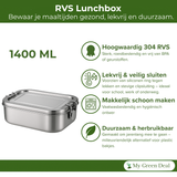My Green Deal – RVS Lunchbox 1400ml – Extra Grote Broodtrommel & Meal Prep Bak – Duurzame Snackbox & Fruitbakje – Lekvrij, Hygiënisch & Herbruikbaar