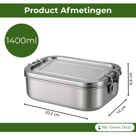 My Green Deal – RVS Lunchbox 1400ml – Extra Grote Broodtrommel & Meal Prep Bak – Duurzame Snackbox & Fruitbakje – Lekvrij, Hygiënisch & Herbruikbaar