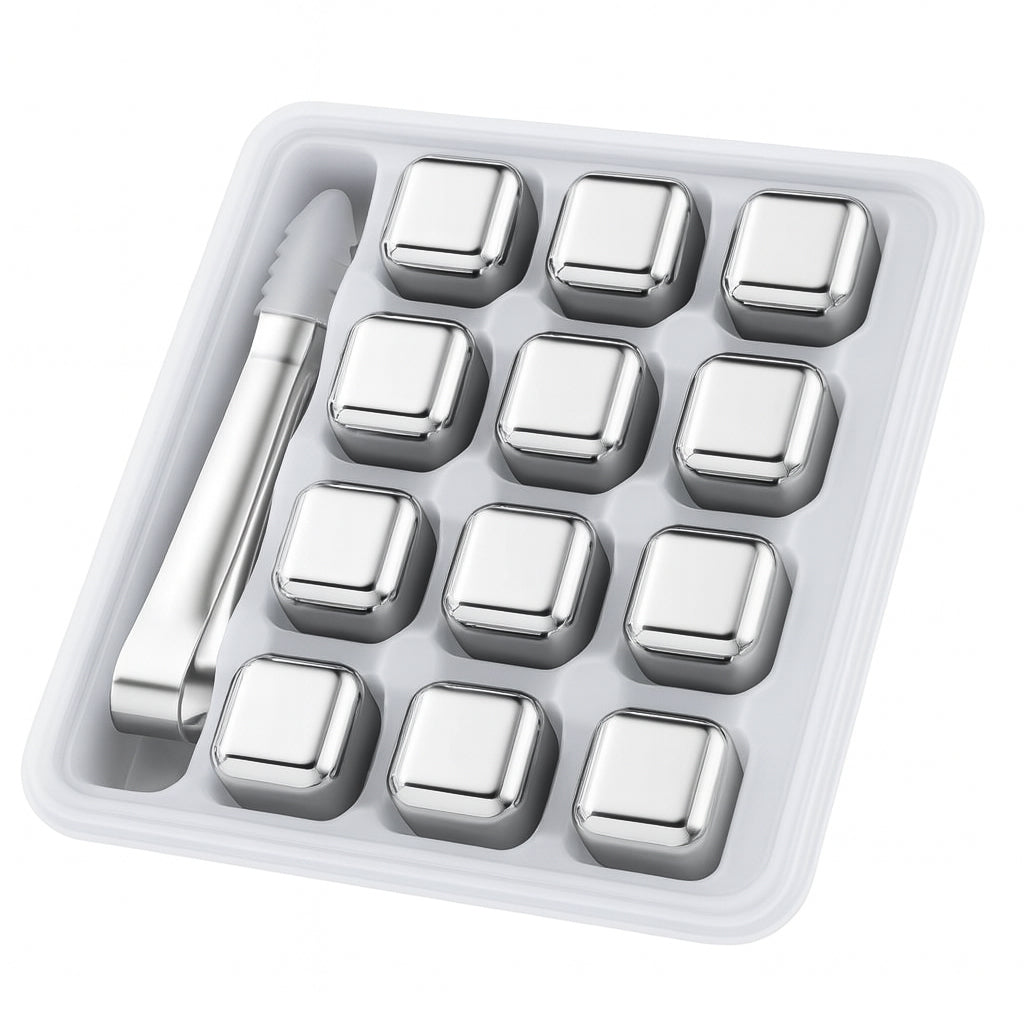 My Green Deal – RVS IJsblokjes Set – Herbruikbare Whisky Stenen met Tang & Tray – 12 Delig
