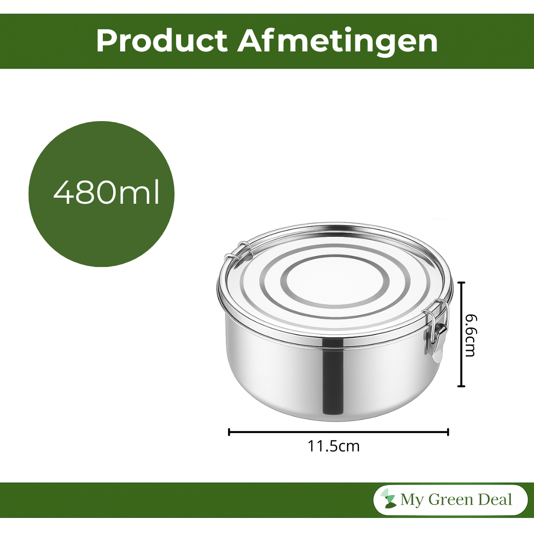 My Green Deal – RVS Ronde Lunchbox 480ml – Duurzame Broodtrommel & Snackbox – Fruitbakje Volwassenen & Kinderen – Meal Prep Bakje – Lekvrij & Herbruikbaar
