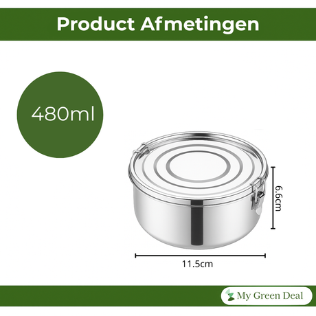 My Green Deal – RVS Ronde Lunchbox 480ml – Duurzame Broodtrommel & Snackbox – Fruitbakje Volwassenen & Kinderen – Meal Prep Bakje – Lekvrij & Herbruikbaar
