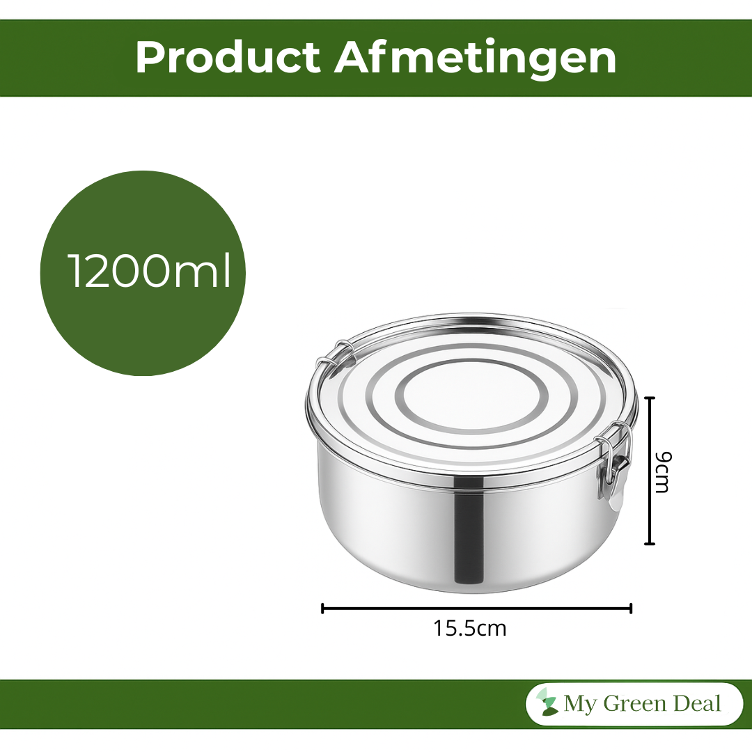 My Green Deal – RVS Ronde Lunchbox 1200ml – Duurzame Broodtrommel & Snackbox – Fruitbakje Volwassenen & Kinderen – Meal Prep Bakje – Lekvrij & Herbruikbaar