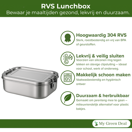 My Green Deal – RVS Lunchbox 400ml – Duurzame Broodtrommel & Snackbox – Fruitbakje Volwassenen & Kinderen – Meal Prep Bakje – Lekvrij & Herbruikbaar