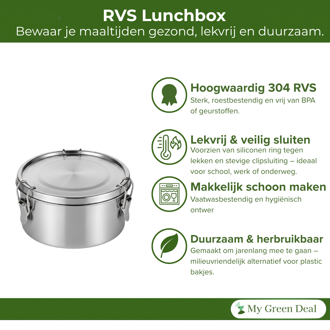 My Green Deal – RVS Ronde Lunchbox 780ml – Duurzame Broodtrommel & Snackbox – Fruitbakje Volwassenen & Kinderen – Meal Prep Bakje – Lekvrij & Herbruikbaar