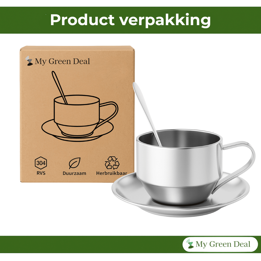 RVS Koffiekop met Schotel & Lepel - My Green Deal