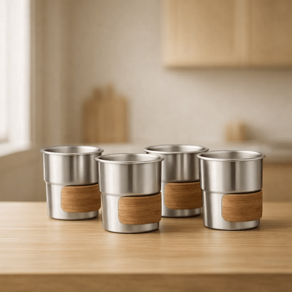 RVS koffiekopjes met hout van 4 Zilver - 280ML - My Green Deal