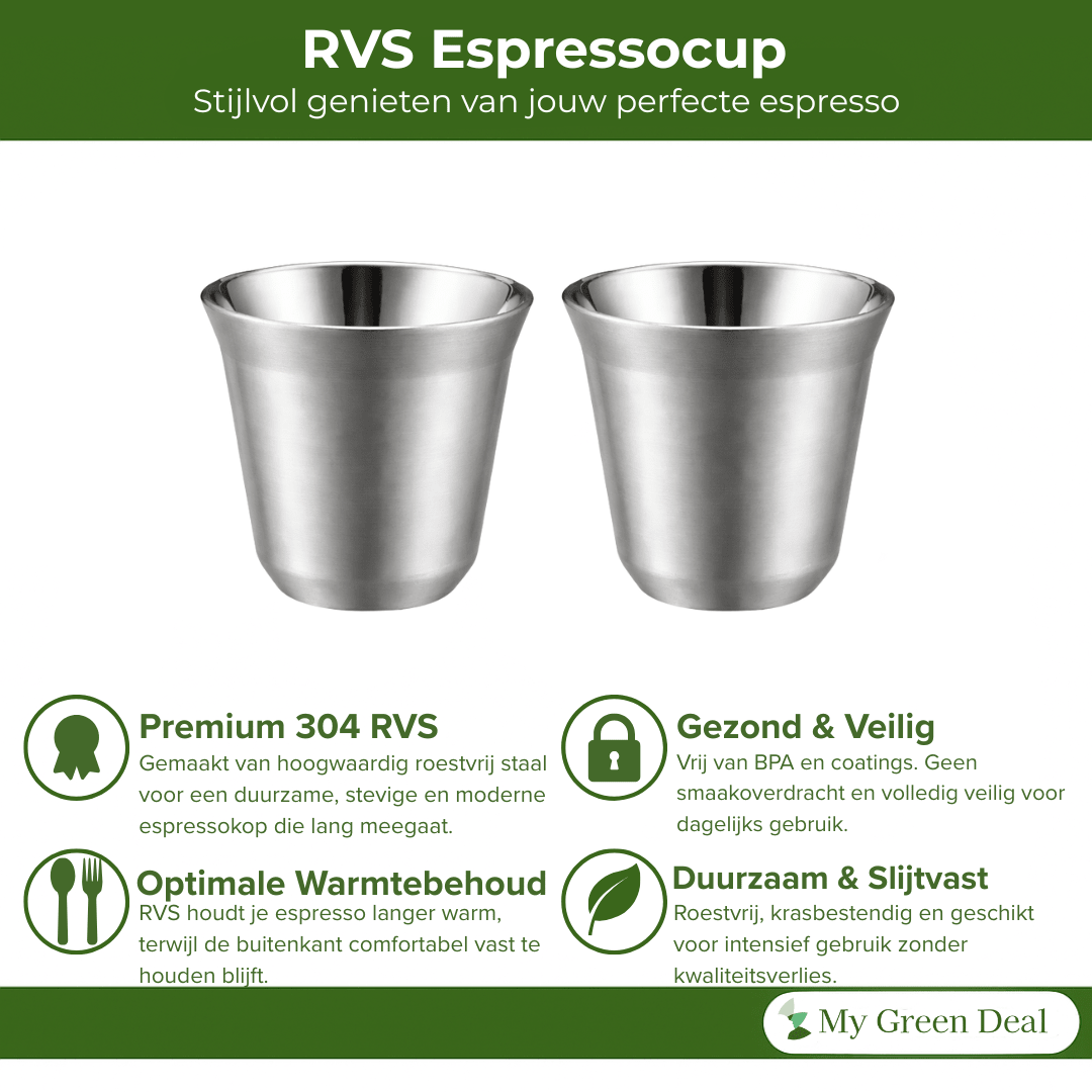 RVS Espressokopjes set van 2 Zilver - 80 ml - My Green Deal