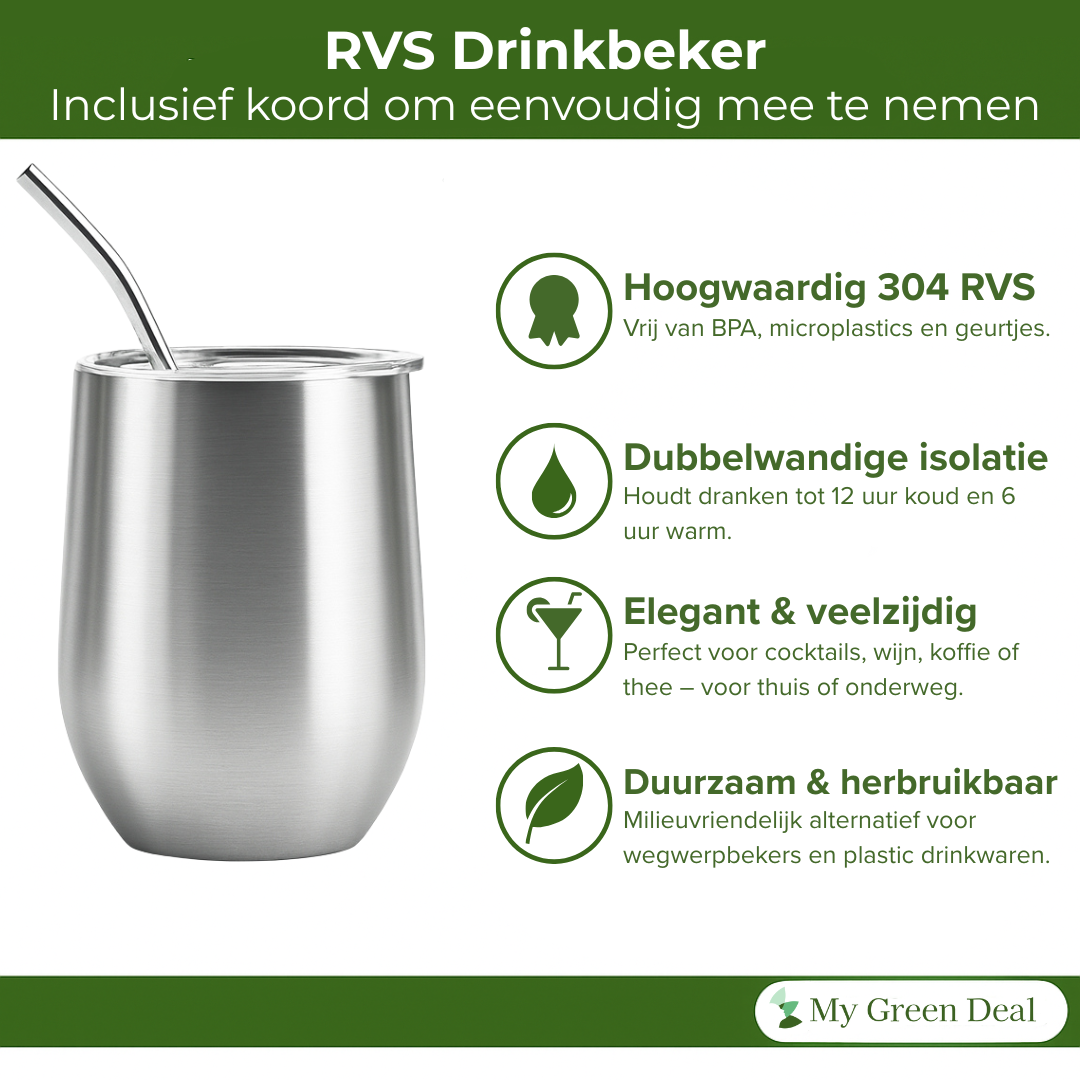My Green Deal – RVS Thermo Bekers met Rietje (Set van 2) – Herbruikbare RVS Drinkbekers – Duurzame Koffiebeker – Vaatwasserbestendig
