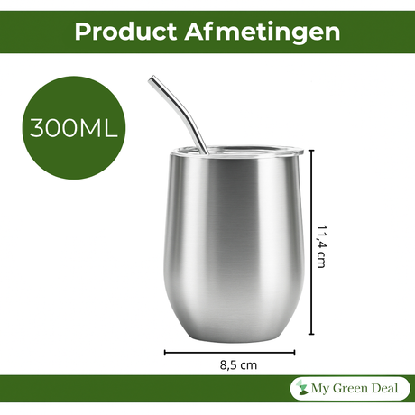 My Green Deal – RVS Thermo Bekers met Rietje (Set van 2) – Herbruikbare RVS Drinkbekers – Duurzame Koffiebeker – Vaatwasserbestendig