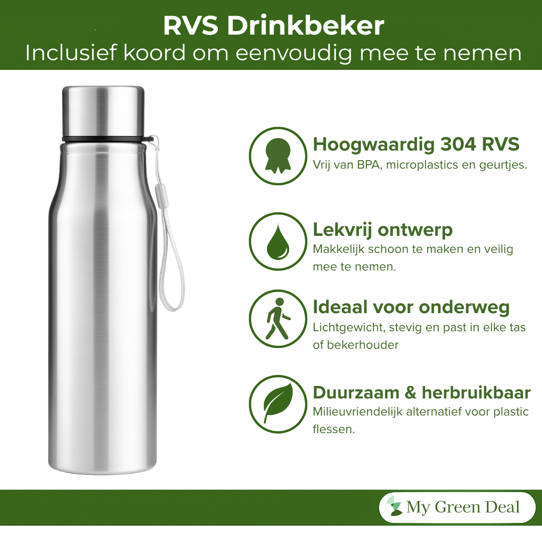 My Green Deal – RVS Drinkfles 750ml – Herbruikbare Waterfles – Duurzame RVS Thermosfles – Drinkfles voor Volwassenen & Kinderen