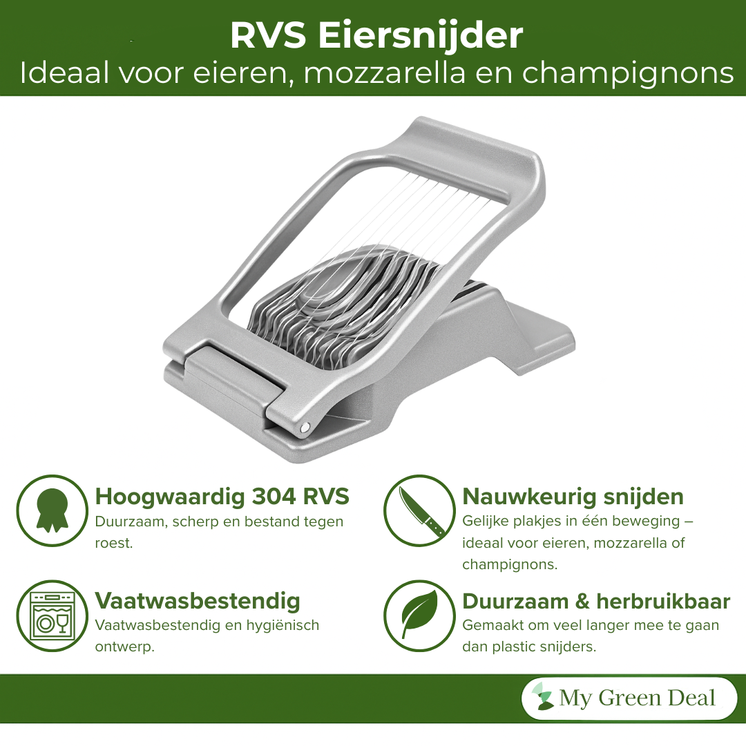 My Green Deal – RVS Eier- en Mozzarellasnijder – Duurzame Keukensnijder / Kaassnijder – Roestvrijstalen Eiersnijder voor Perfecte Plakjes