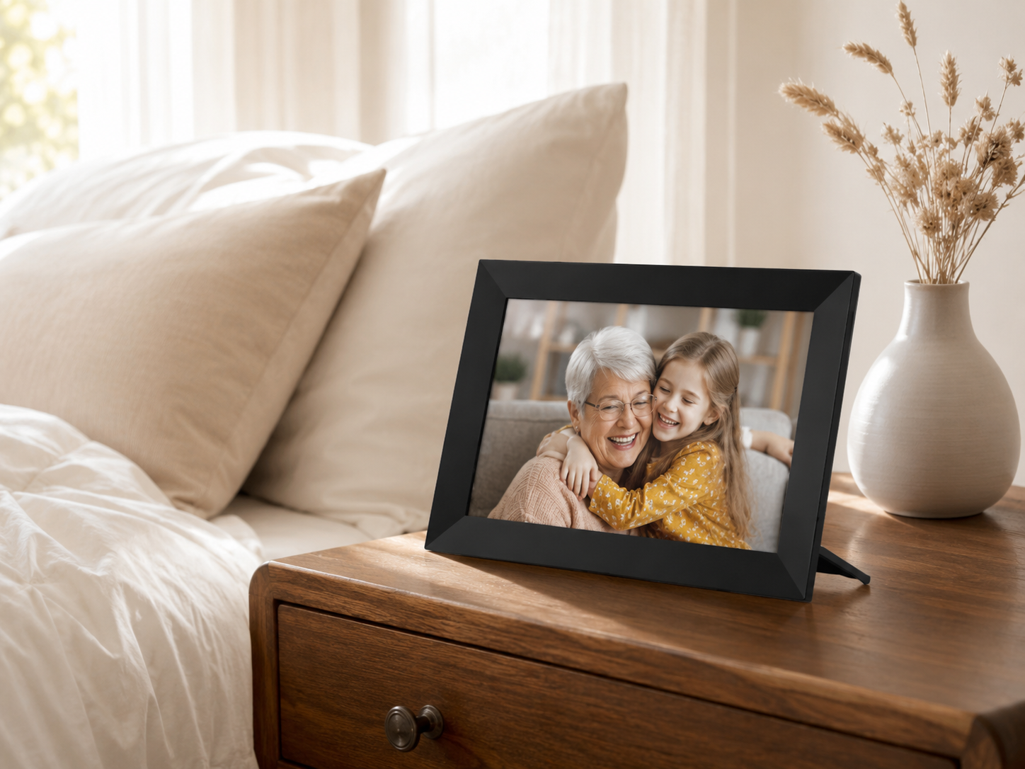 Digitale fotolijst in een slaapkamer