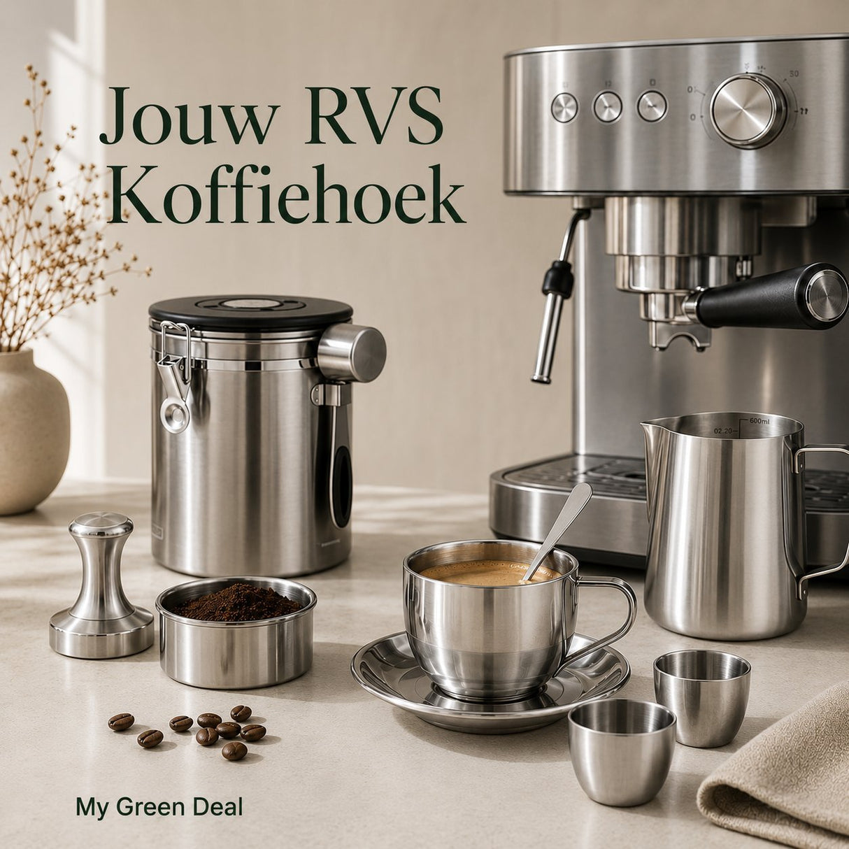 RVS Koffiekop met Schotel & Lepel - My Green Deal