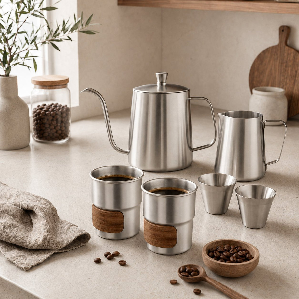 RVS koffiekopjes met hout van 4 Zilver - 280ML - My Green Deal