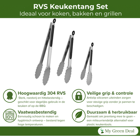 My Green Deal – RVS Keukentangen Set 3-delig – Roestvrijstalen Voedseltangen met Siliconen Grip – Duurzame Keukentang Set voor Koken & BBQ